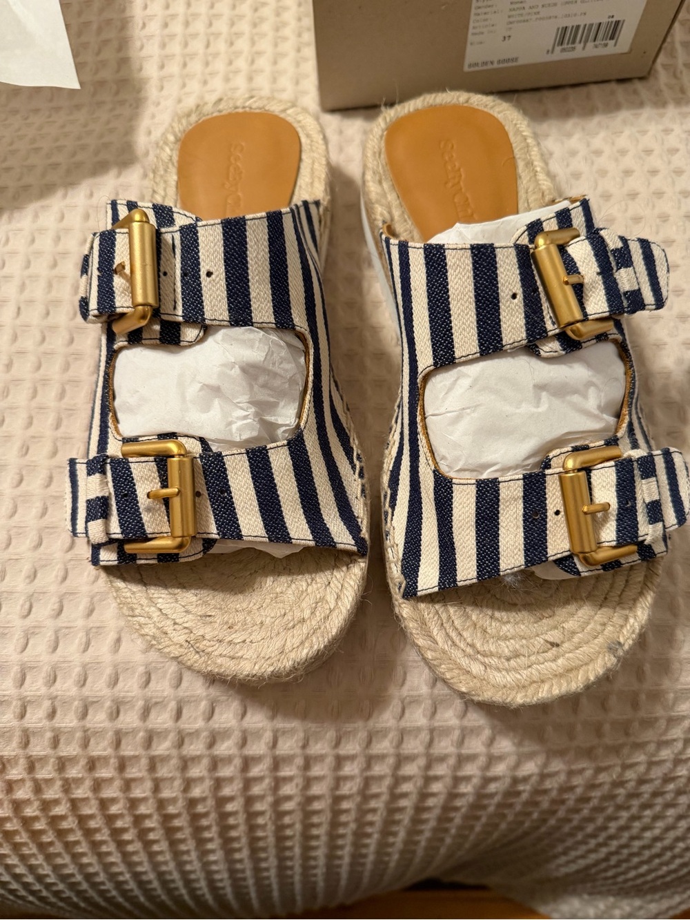 See By Chloé Navy and White Striped Espadrille Slide Sandals